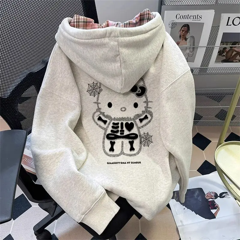 Sanrio Hello Kitty Print Checkered Sweatshirt Japanese Lazy Style Autumn And Winter Velvet Sweet Cute Versatile Hoodie For Women