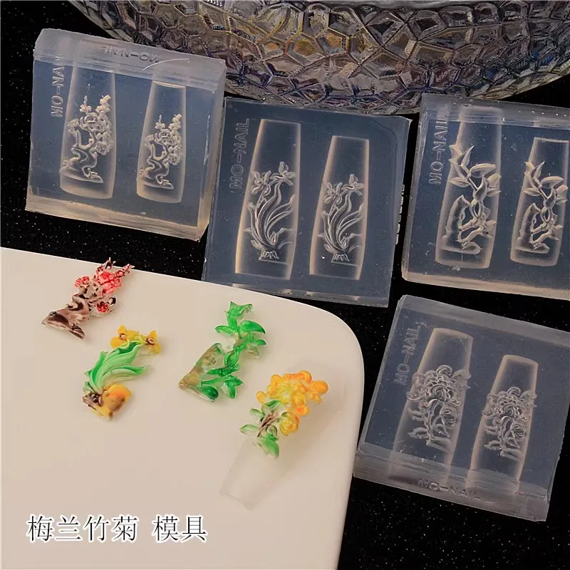 CS91-130 Plum Orchid Bamboo Chrysanthemum Dragon Phoenix Snake 3D Carving Silicone Nail Mold DIY Manicure Deco Tools