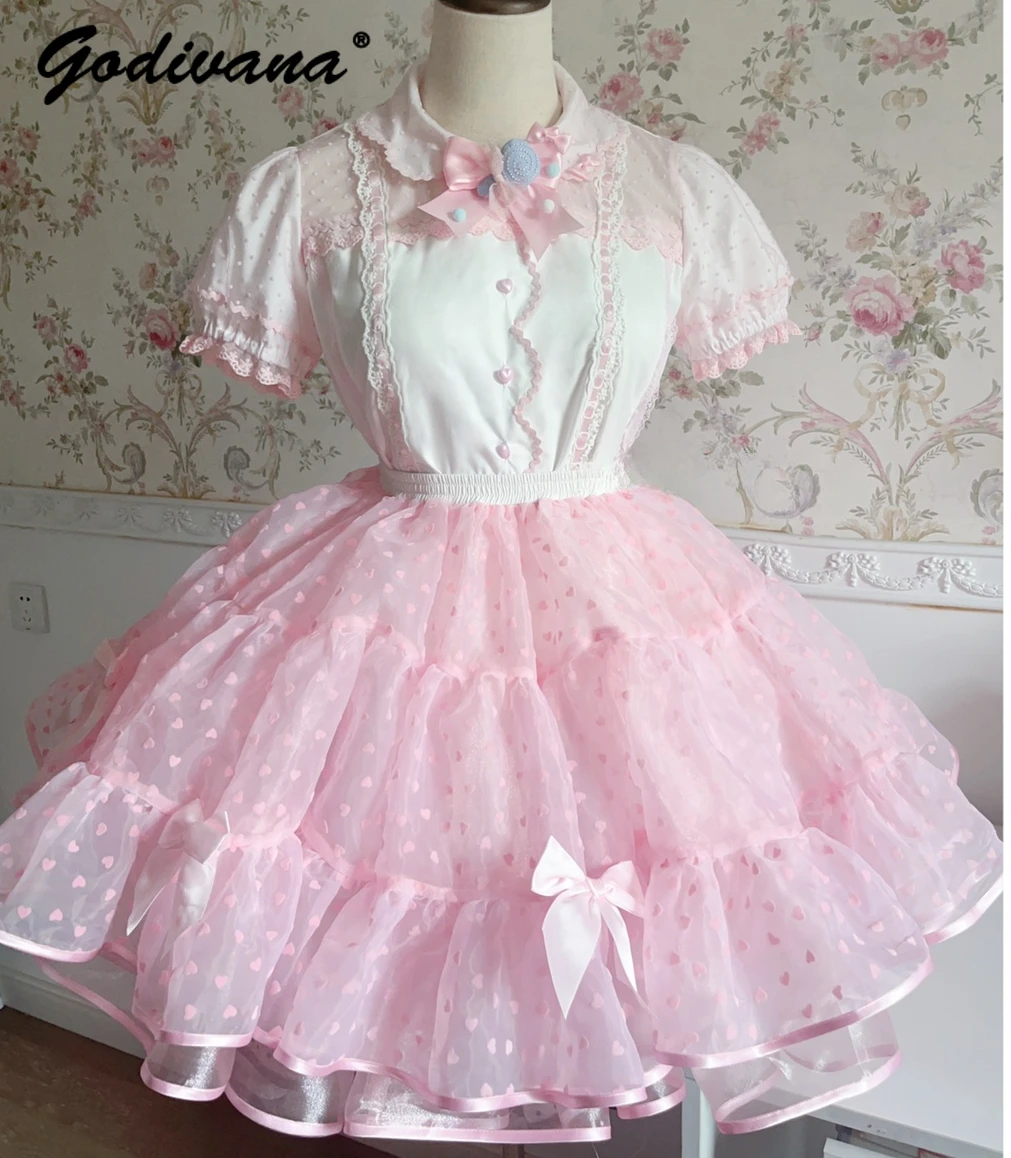 

Love Floating Crinoline Women Girls Lolita Sweet Bowknot Pettiskirt Spring and Summer Princess Small Polka Dot Mesh Gauze Skirts