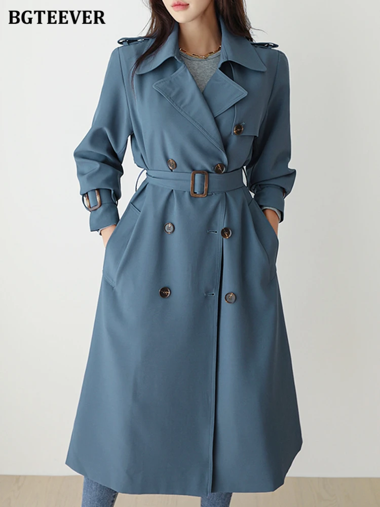 Imagem -02 - Bgteever Casual Lapela Duplo Breasted Trench Coat Feminino Manga Longa com Cinto Solto Feminino Blusão Outono Inverno Cabolsa Femme