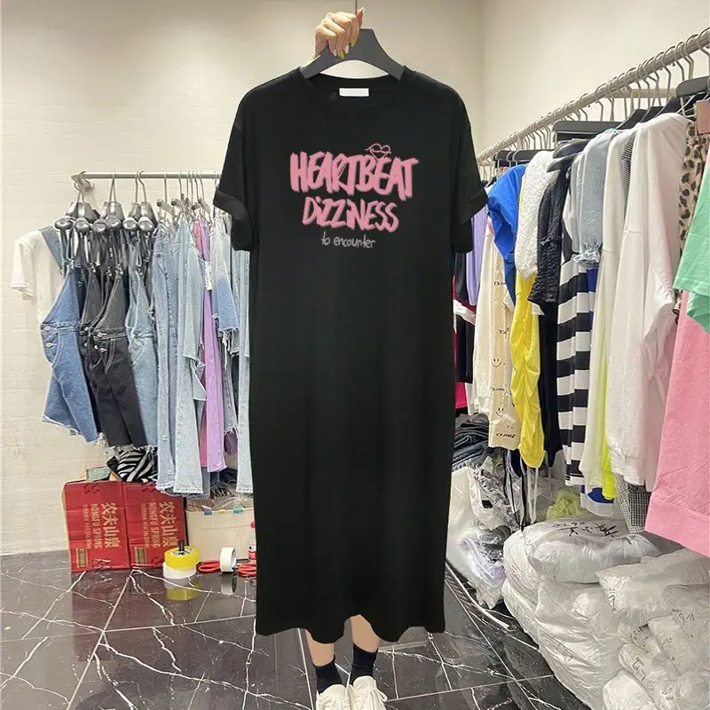 

Casual T Shirt Dress Summer New Simplicity Short Sleeve O-neck Youth Printing Letter Midi Dress Trend Vintage Women Clothing