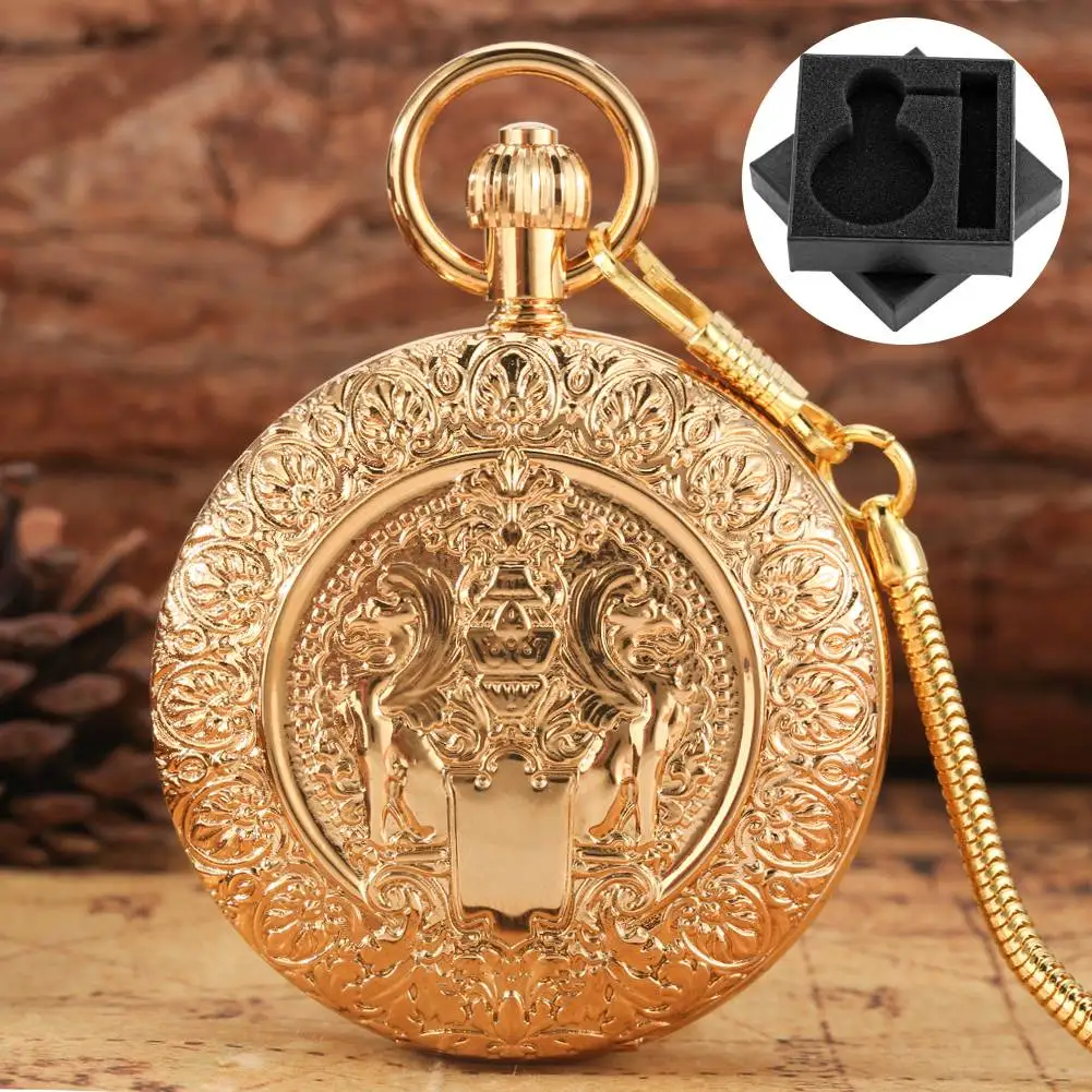 

Men's Gold Copper Mechanical Self-Winding Pocket Watch Double Hunter Arabic Numeral Dial Pendant Clock with Fob Chain Retro Gift