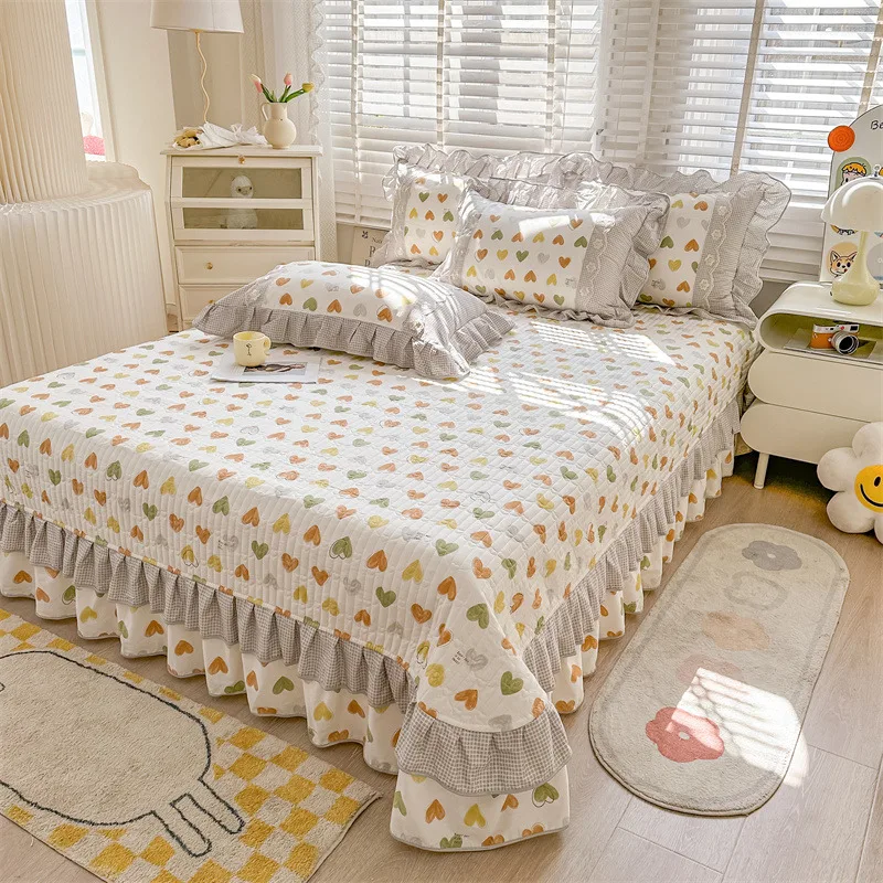 AI WINSURE Korean Vintage Cotton Quilted Double Bedspreads Bed Cover Queen Size Print Floral Ruffle with 2 Pillowcases