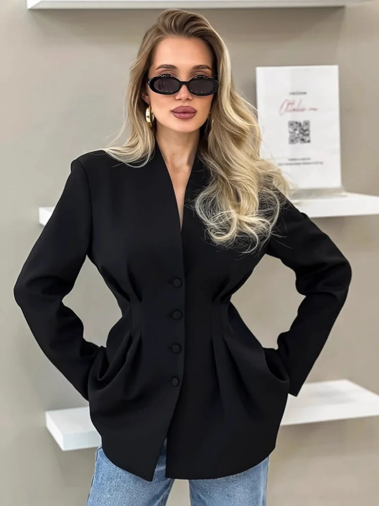 

Waist-cinching Blazers Coat Women Elegant Single Breasted V-neck Solid Jackets Autumn New Ladies Clothes High Street Outwear
