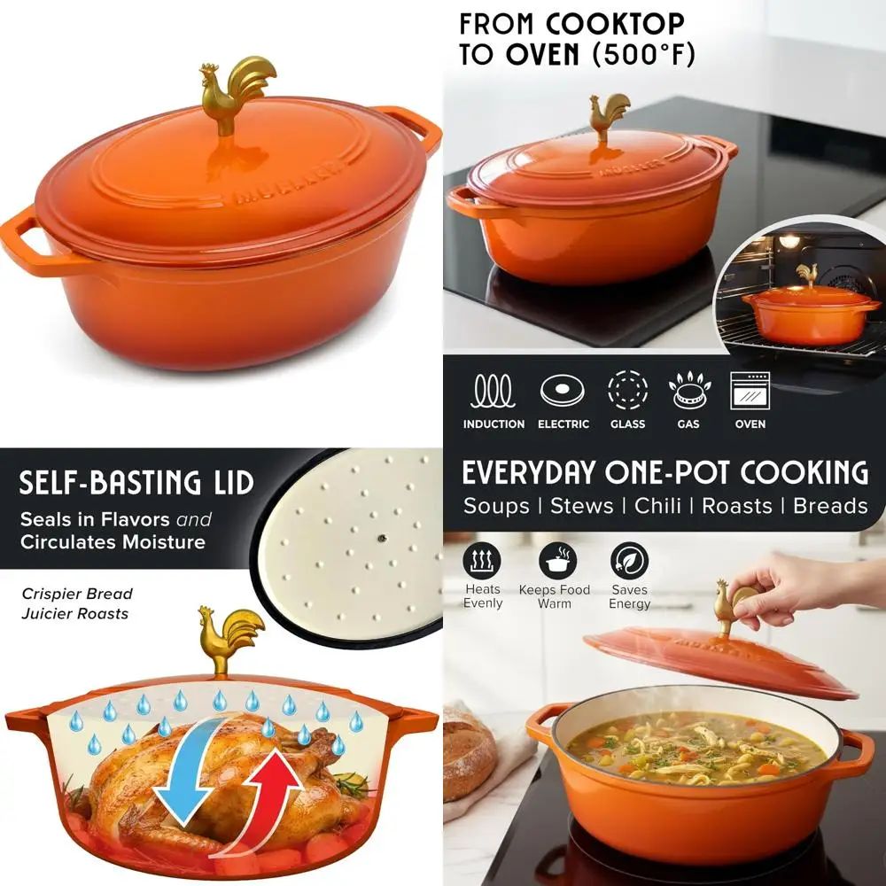 

Овальная голландская духовка из эмалированного чугуна, 5,5 литра, сверхмощная посуда, ручка для петуха, безопасная для духовки до 500 лет ° F, подходит для всех приготовления пищи