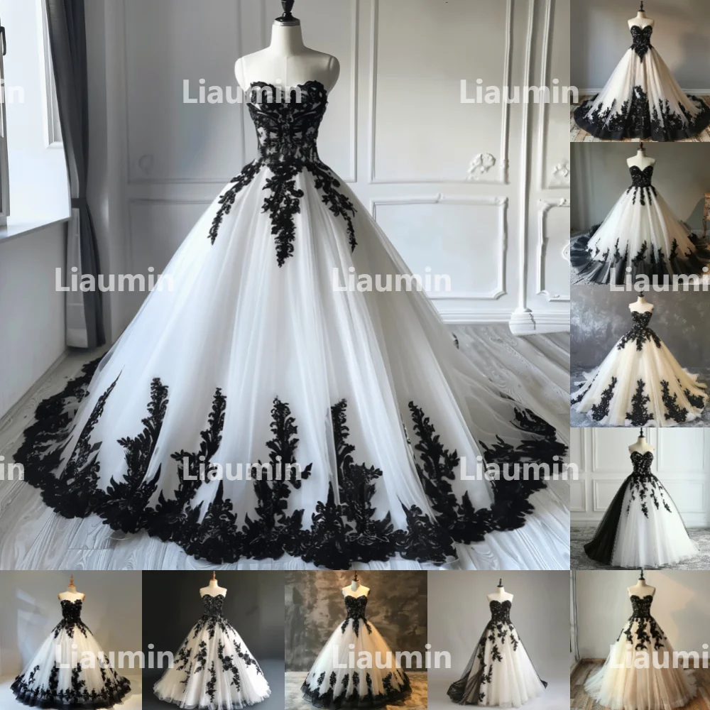 White Or Ivory With Black Lace Applique Wedding Dresses Bridal Gowns Floor Length Formal Brithday Party Clothing Custom W15-36