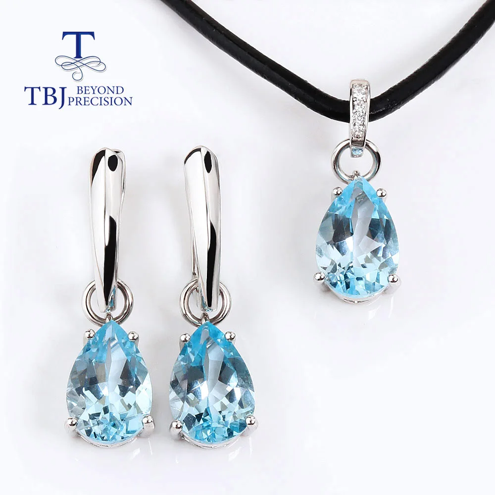 

New Sky blue topaz Jewelry set pear 8*12mm 10ct real brazil gems Earrings and Pendant necklace fine jewelry 925 sterling silver