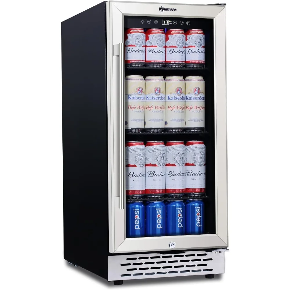 15 inch Beverage Refrigerator with Glass Door 180 Cans Mini Beverage Cooler Under Counter Frestanding Built