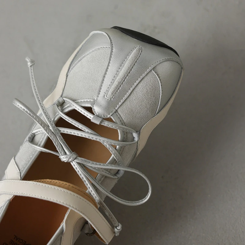 Women's new spring and autumn leather cowhide lace up square toe belt buckle low heel casual sports single shoe