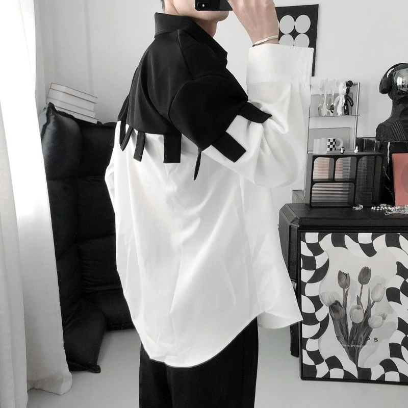 2026 Men Color Block Patchwork Long Sleeve Shirt Loose Fit Trendy Casual Top