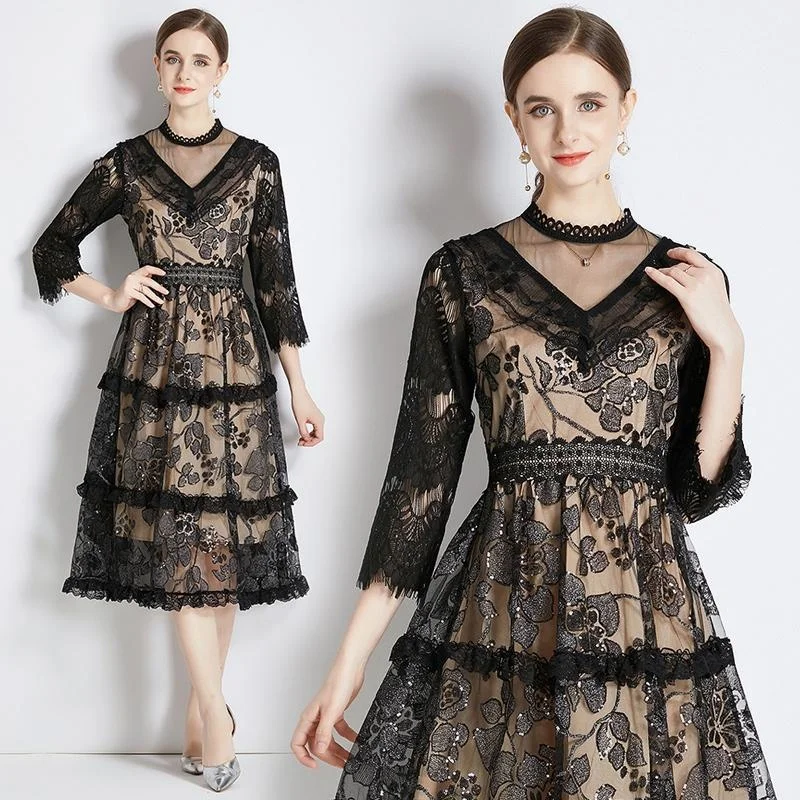 

Black Elegant Color Lace O-neck Light Luxury Female Dresses For Autumn High Class Embriodery Gauze Hollow Out Sequins Vestidos