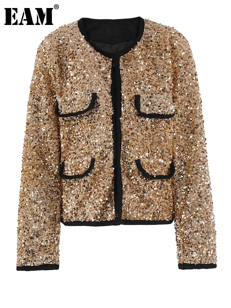 

[EAM] Gold Color Sequins Shining Big Size Jacket New O-neck Long Sleeve Women Coat Fashion Tide Spring Autumn 2024 CPG2058