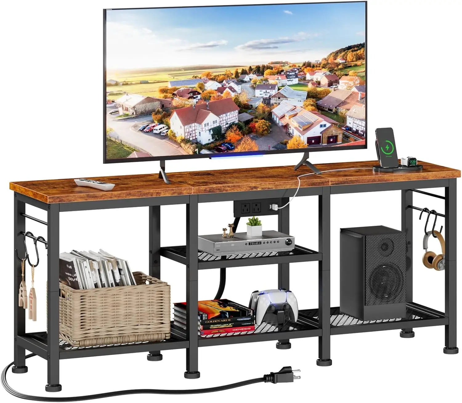 

55-Inch TV Stand with Power Outlets, Open Shelves for Living Room, Rustic Brown Media Console