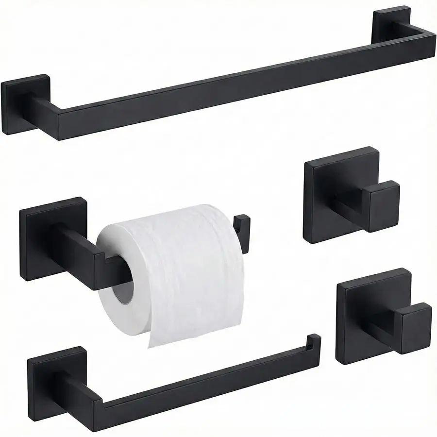 

Piece Bathroom Hardware Set Matte Black, SUS304 Stainless Steel Towel Bar Set, Modern Square Accessories with 16 Inch Rack Toile