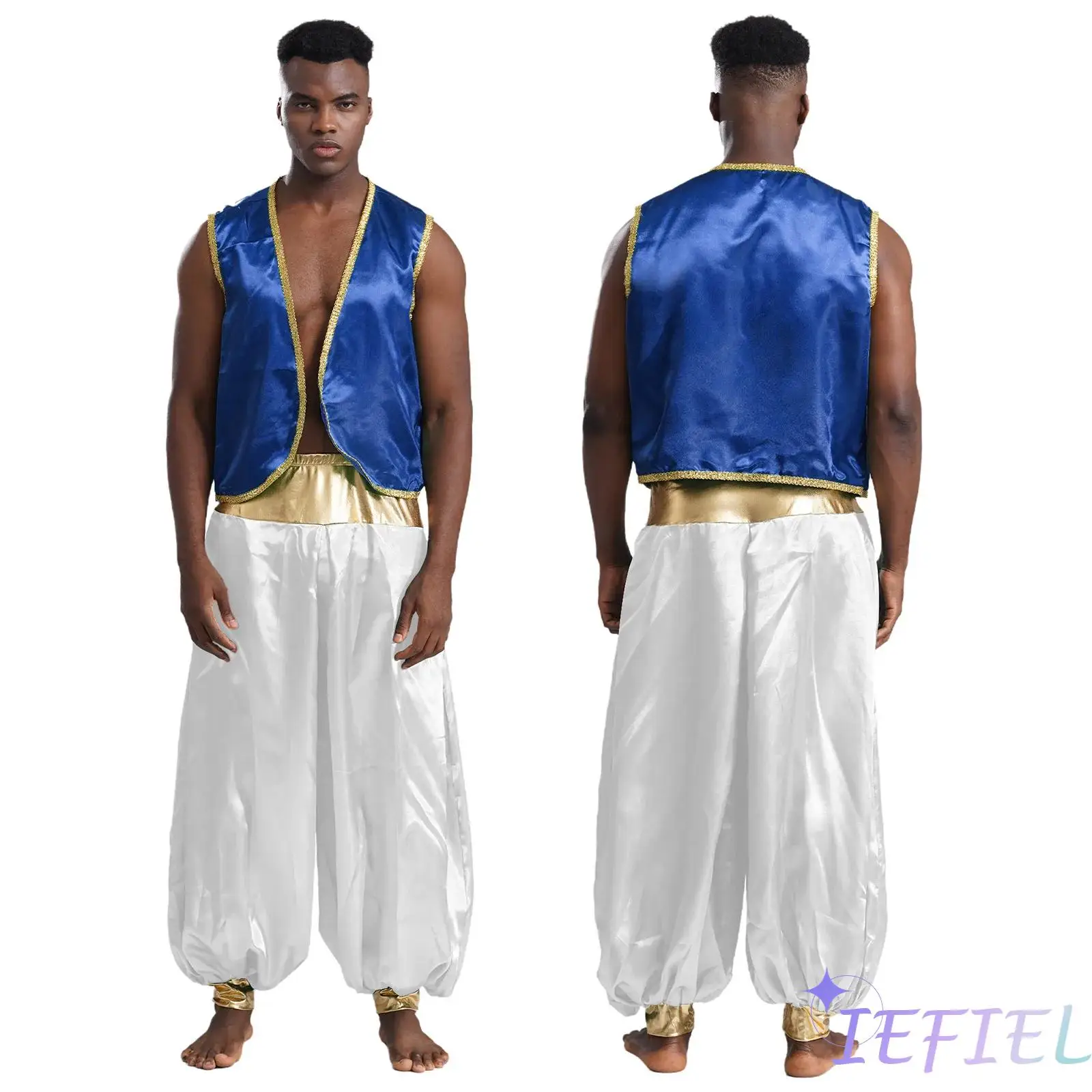 

Men Indian Arabian Cosplay Costumes for Carnivals Masquerade Dress Up Party Satin Waistcoats with Patchwork Lantern Long Pants