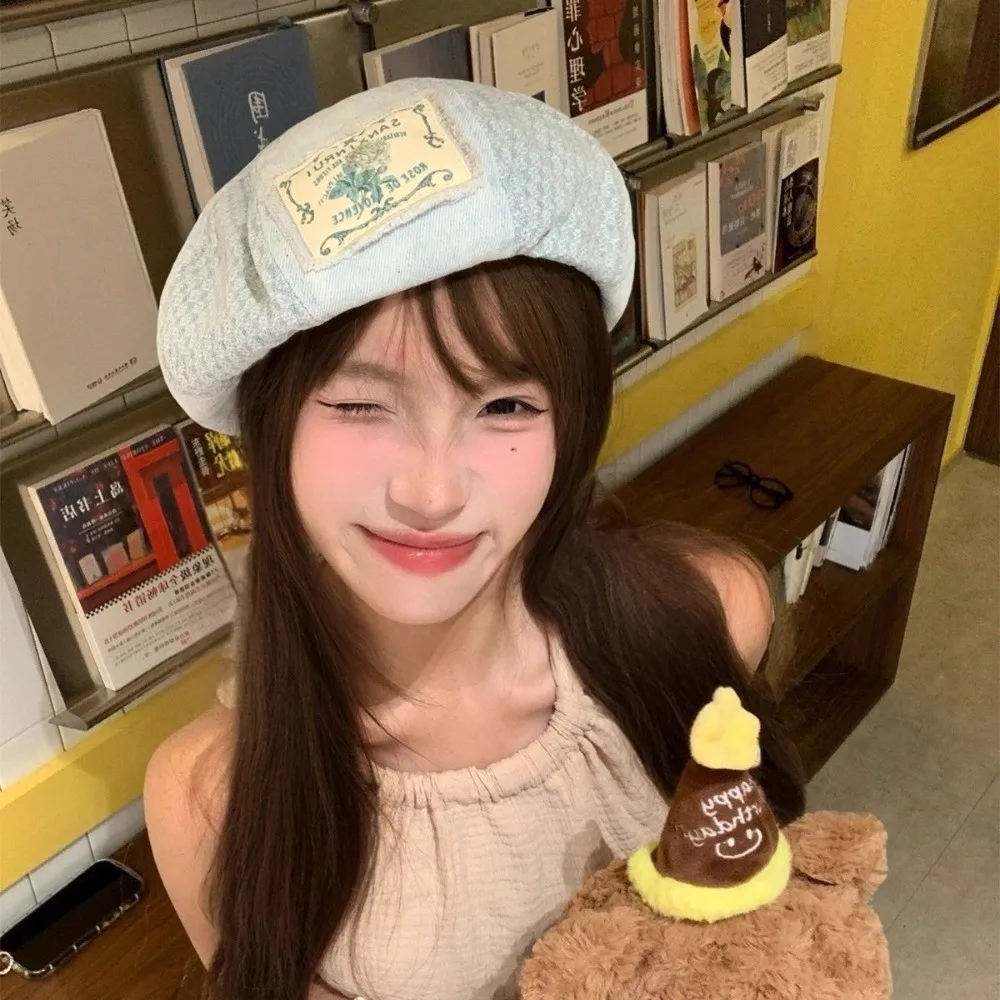 

Retro Korean Patch Splicing Beret Y2k Cloth Denim Berets Vintage Versatile Painter Cap Summer and Autumn