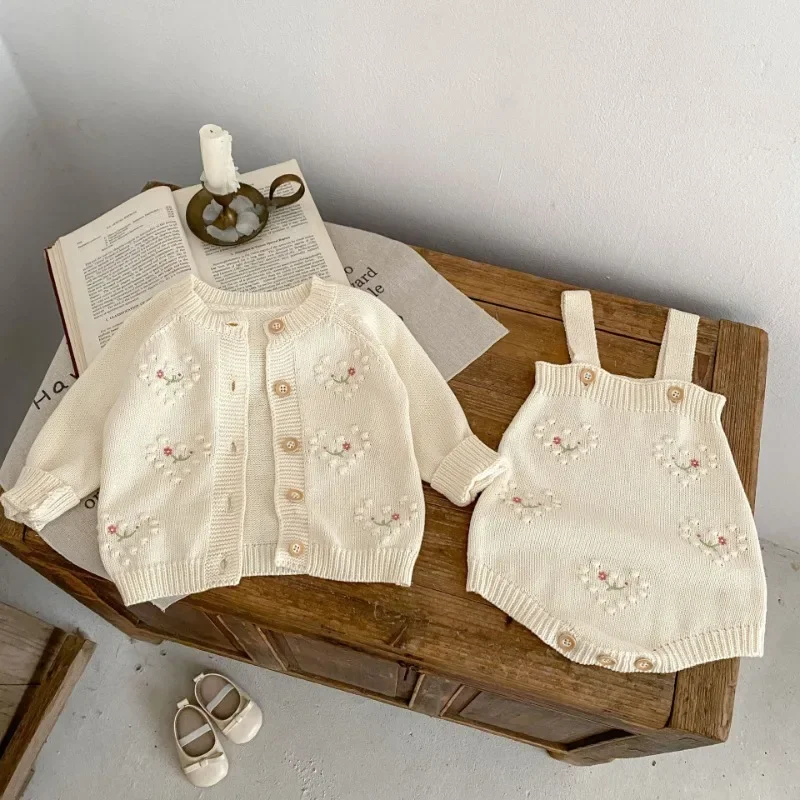 

Spring Autumn Newborn Baby Girl Clothing Set Sweet Embroidery Cardigan Tops+Jumpsuit Toddler Baby Girl Knitting Clothes Suit