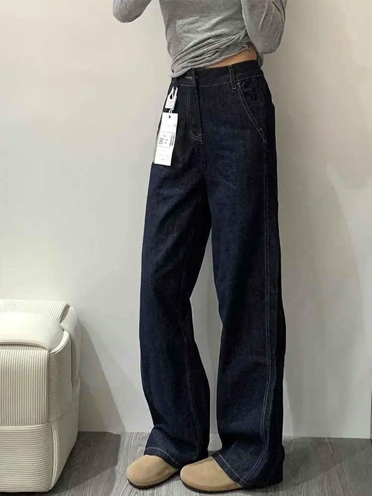 

Широкие брюки с высокой талией, женские темно-синие джинсы, свободный крой, прямые брюки для похудения, высокая высота, длина до пола