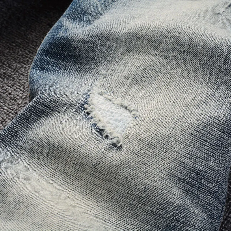 Italian Style Fashion Men Jeans High Quality Retro Washed Blue Elastic Stretch Slim Ripped Jeans Vintage Designer Denim Pants