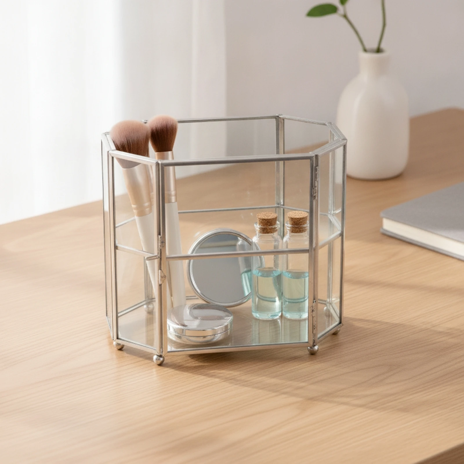 Geometric Glass Display Case Modern Glass Display Case with Metal Frame Metal Frame Curio Cabinet Compact Dust-Proof for Vanity