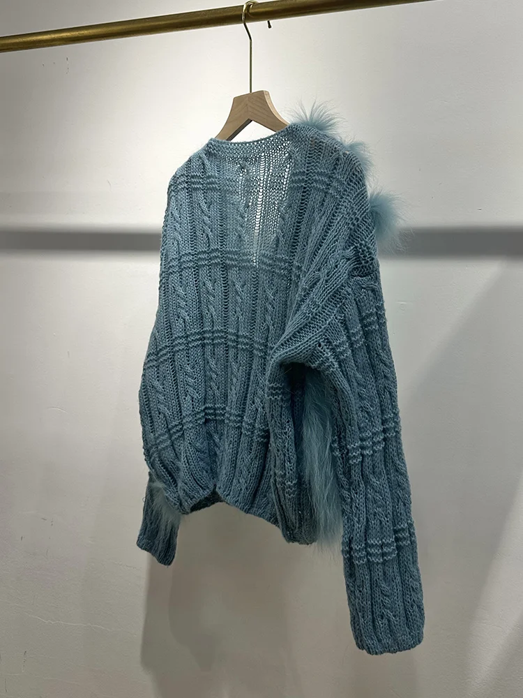 2026 Women Autumn Real Fur Pullover Coat With Real Fox Fur Stripe Knitted Sweater Coat Luxury Female Jackets view 6