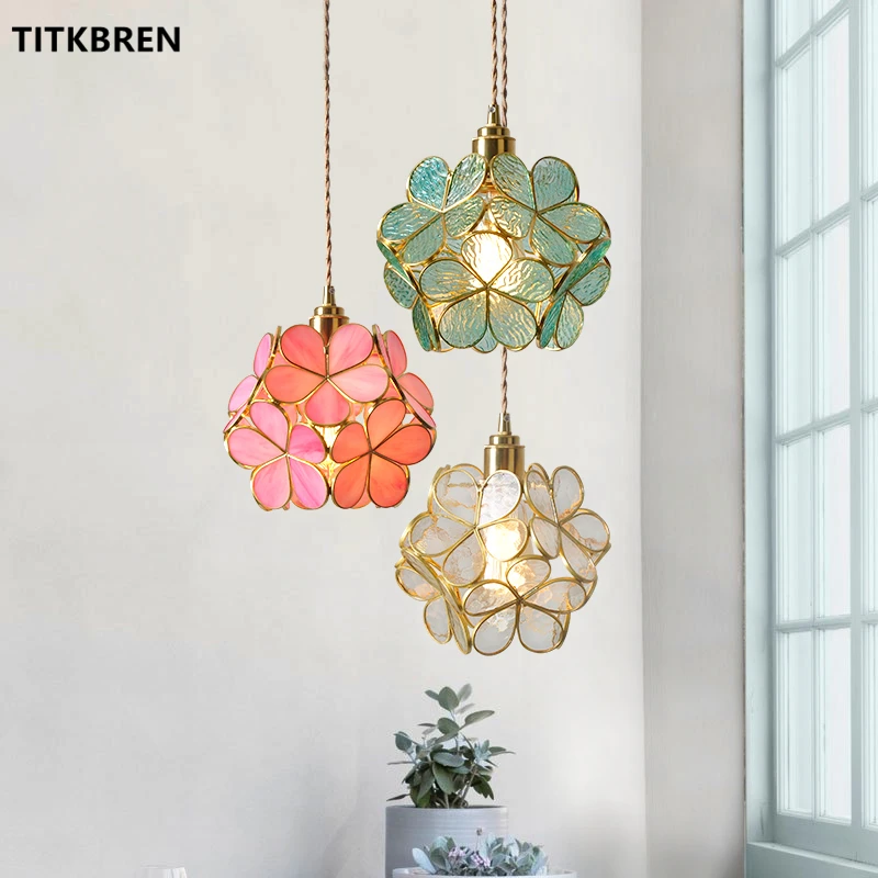 

Nordic Flower Copper Pendant Light Glass Petal LED Lamp Indoor Bedroom Bedside Dining Living Room Hanging Lighting Fixtures