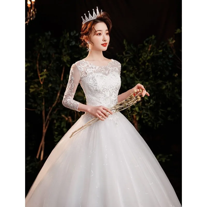 Vintage Frauen Weißes Hochzeitskleid Ballkleid Elegantes Dreiviertel-Musselin Spitze Stickerei Brautkleid Maßgeschneidertes Vestido De Noiva