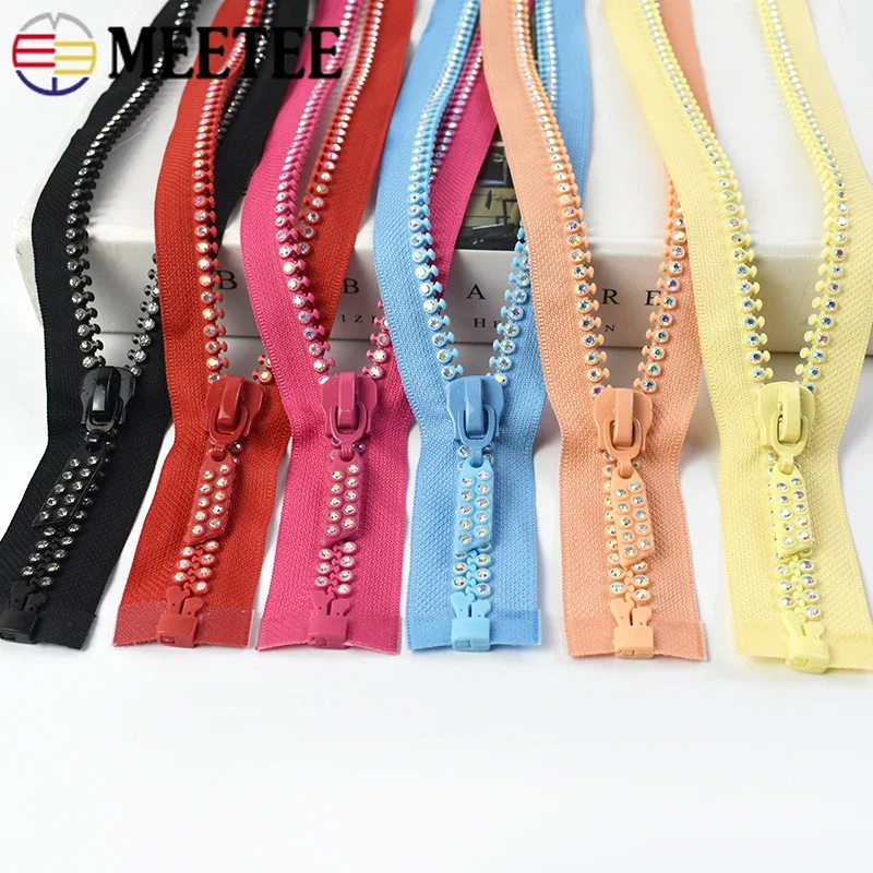 Meetee 1/2/5Pcs 60cm Rhinestone Resin Zipper Open-End Decor Zippers for Sewing Bag Clothes Jacket Garment DIY Repair Accessories