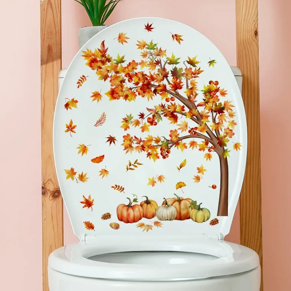 Toilet Decorative Sticker Golden Deciduous Plant Maple Leaf Maple Wall Stickers Thanksgiving Day Toilet Wall Stickers Home Decor