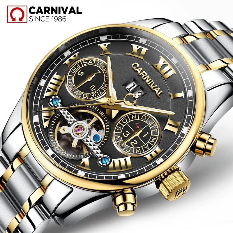 

CARNIVAL Black Gold Tourbillon Full Steel Watch For Men Luxury Luminous Date Automatic Mechanical Watch Waterproof Relogio