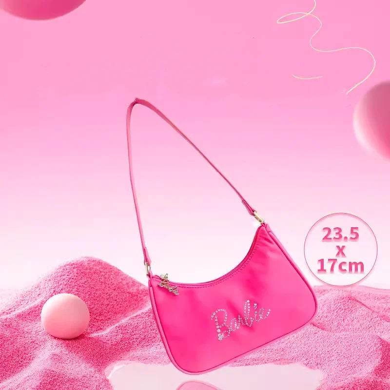 Miniso Barbie Nylon Fashion Underarm Phone Bag Pink single shoulder bag Girl zipper Carrying Bag  A gift for good friends