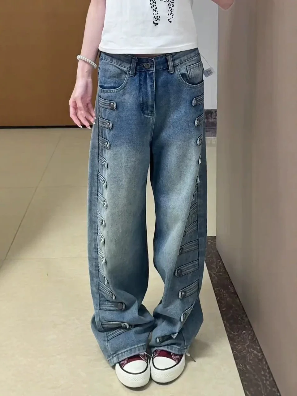 Retro American Large Size Denim Jeans Double Row Buttons Worn Look High Waist Wide Leg Straight Cut Casual Trousers for Women
