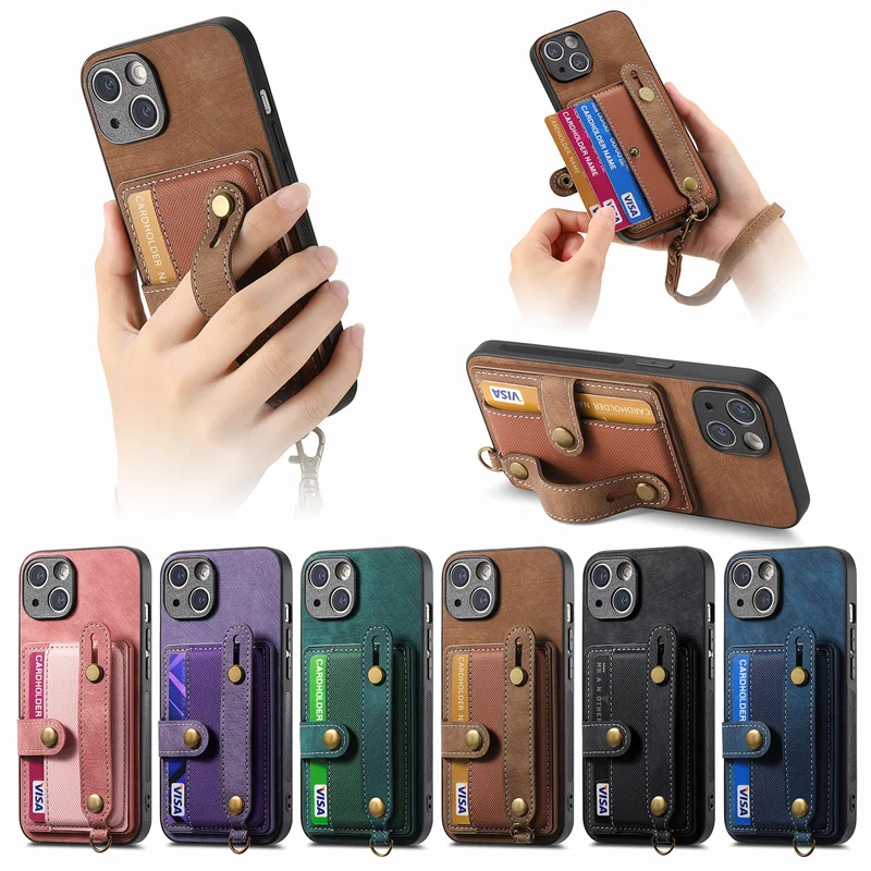 

For IPhone 15 14 13 12 11 Pro Max 15 14 7 8 Plus X XR Wrist Strap PU Leather Stand Phone Case Wallet with Card Holder Cover