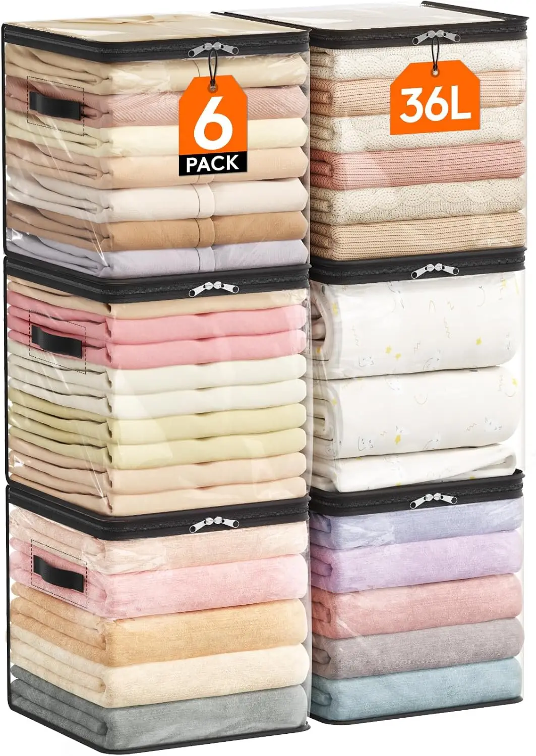 

6 Pack Clear Clothes Storage Bags, 13 Inch Cube Bins, 36L Foldable Moving Bags with Zipper for Sweater Sheets Yarns