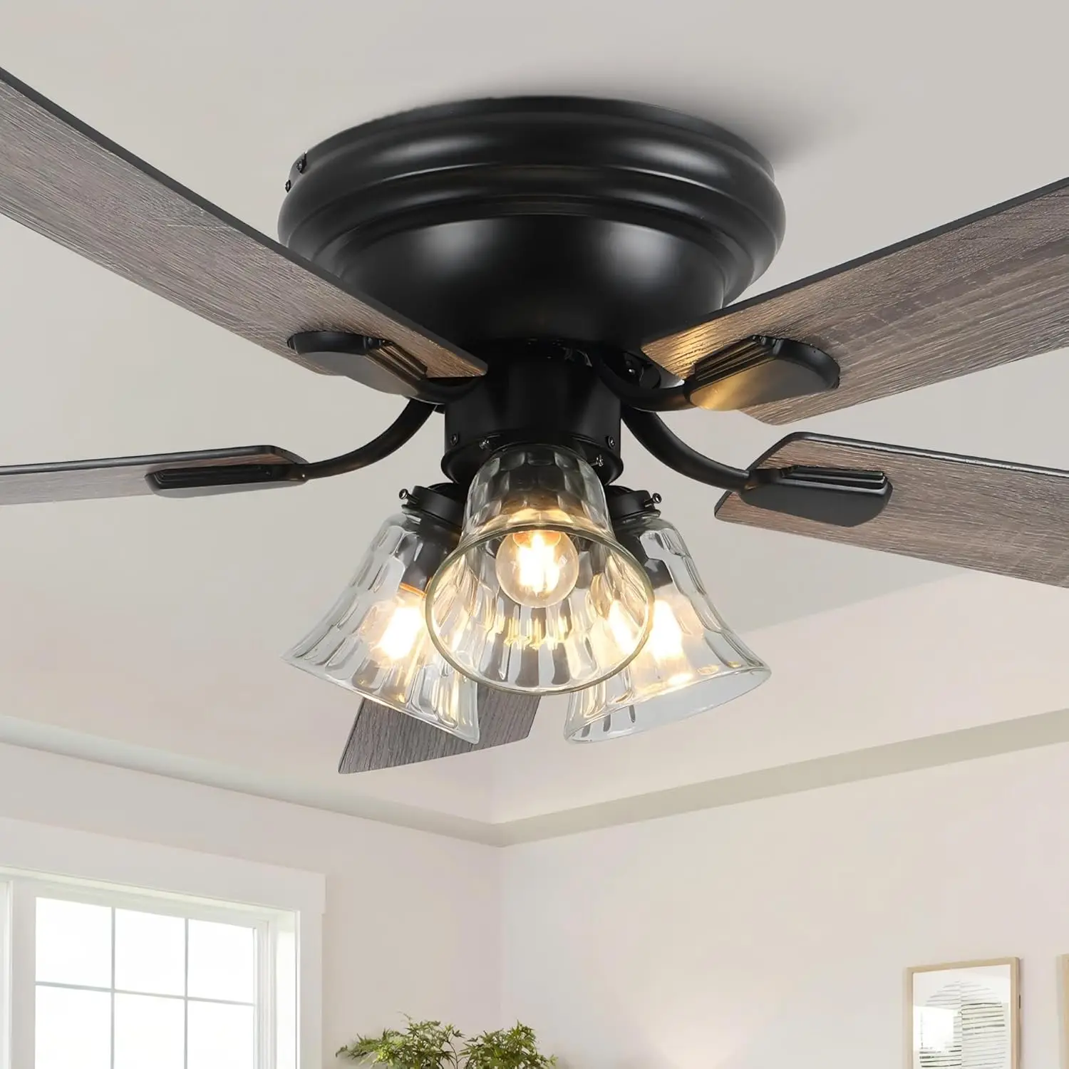

52 Inch Vintage Ceiling Fan with Lights Flush Mount Chandelier Ceiling Fan Indoor Farmhouse Rustic Chandelier Low Profile Antiqu