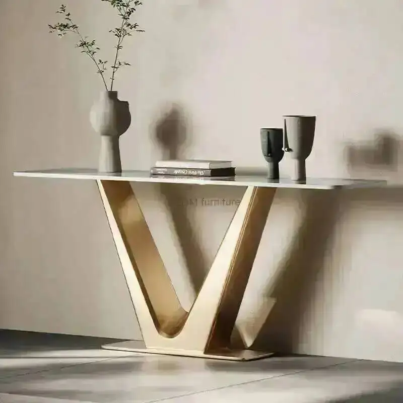 Luxury Italian Light Console Entrance Tables Home Furniture Living Room Stainless Steel Porch Table with Lamp Modern Slate Table