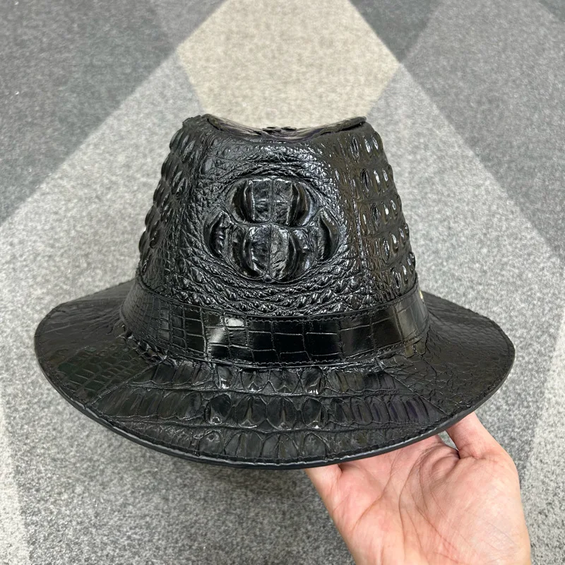 Crocodile Skin Hat Men Fedoras Casual Cap Hundred Real Crocodile Backbone Leather Bowler Hat Fashion Trend Black Sun Hat