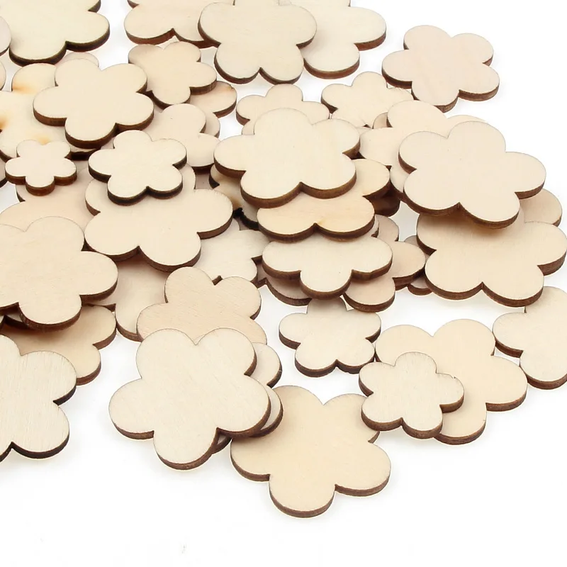 50pcs 15-30mm Blank Wooden Flower Cutout Discs Unfinished Wood Chips Crafts DIY Decoration Wedding Display Decor Festival Arts