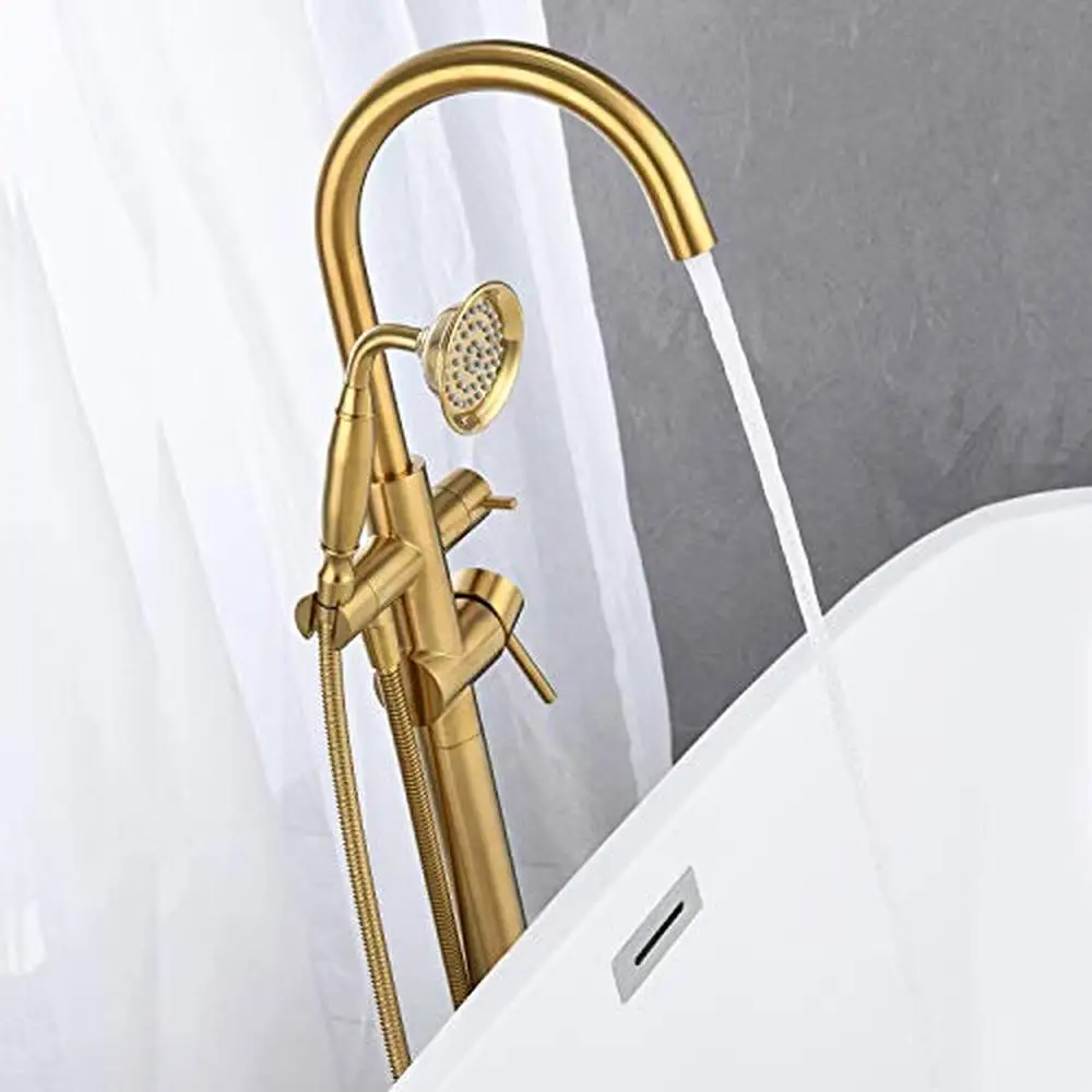 Floor Mounted Brushed Gold Brass Tub Filler Faucet with Hand Shower 360 Swivel Spout Stable Base Design Telephone Style Hand