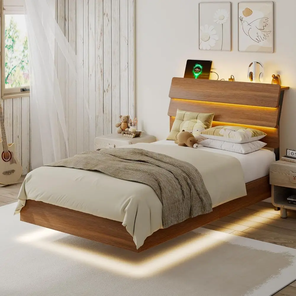 Walnut Platform Bed with Twin Metal Frame, LED Lights, Charging Station, Wooden Storage Headboard, Heavy Duty Slats, No Box Spri