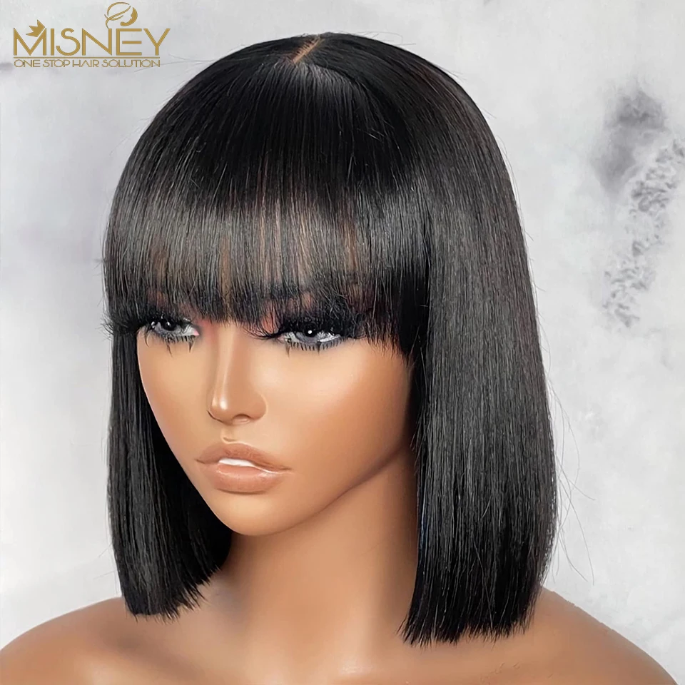 

Short Bob Wig Straight Human Hair Wigs Full Machine Made Wigs Natural Color With Bangs Brazilian Remy Bob Wigs For Women No Lace