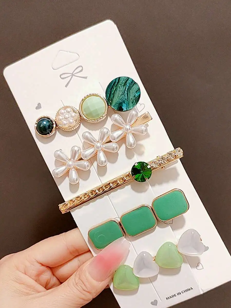 Juego de 5 pinzas para flequillo decoradas con perlas sintéticas y diamantes de imitación para mujer, pinzas laterales elegantes, adecuadas para uso diario (superficie mínima)