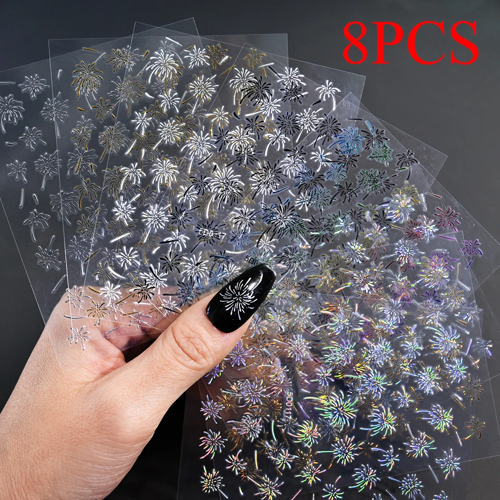 

8pcs Charming Firework Nail Sticker Decals 3D Laser Blooming Fireworks Nails Slider Sparkling New Year Holographic Manicure Foil