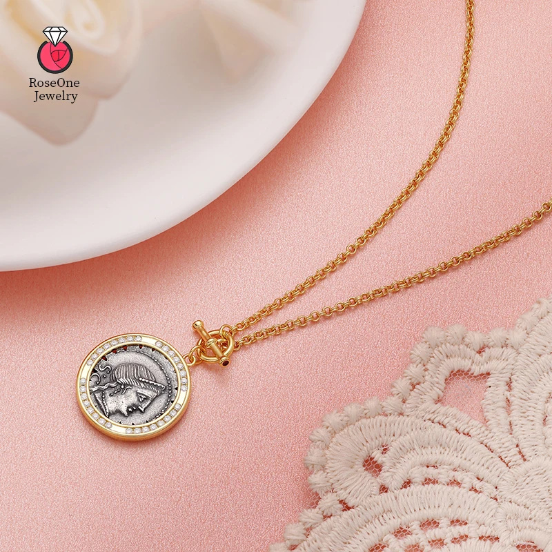 Roman Vintage Gold Coin Chain Necklace for Men and Women 925 Sterling Silver Cubic Zirconia Double sided Coin Vintage Jewelry