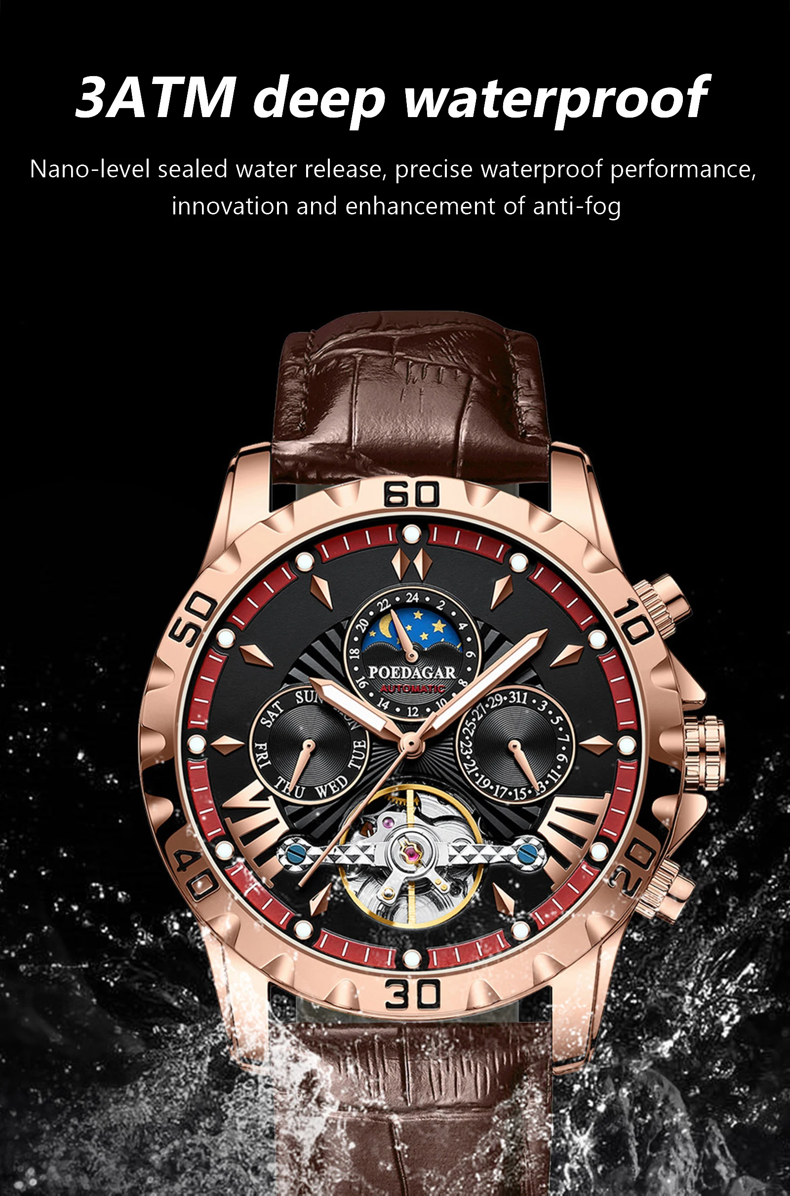POEDAGAR Luxury Automatic Mechanical Men Watch Hollow Tourbillon Waterproof Luminous Male Clock Week Date Business Men's Watches