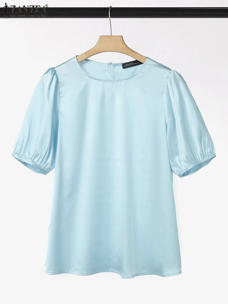 2025 Camicetta estiva da donna ZANZEA Camicia da lavoro solida a maniche corte casual Elegante ufficio Top in raso Elegante O Collo Blusas allentate Tunica