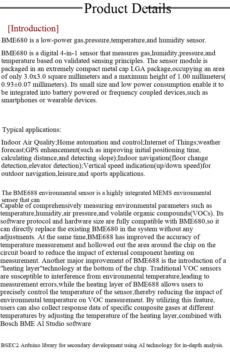 BME680 BME688 Umweltsensor Luftqualitäts-/Atmosphärendruck-/Temperatur-/Feuchtigkeitssensormodul – Detail 2