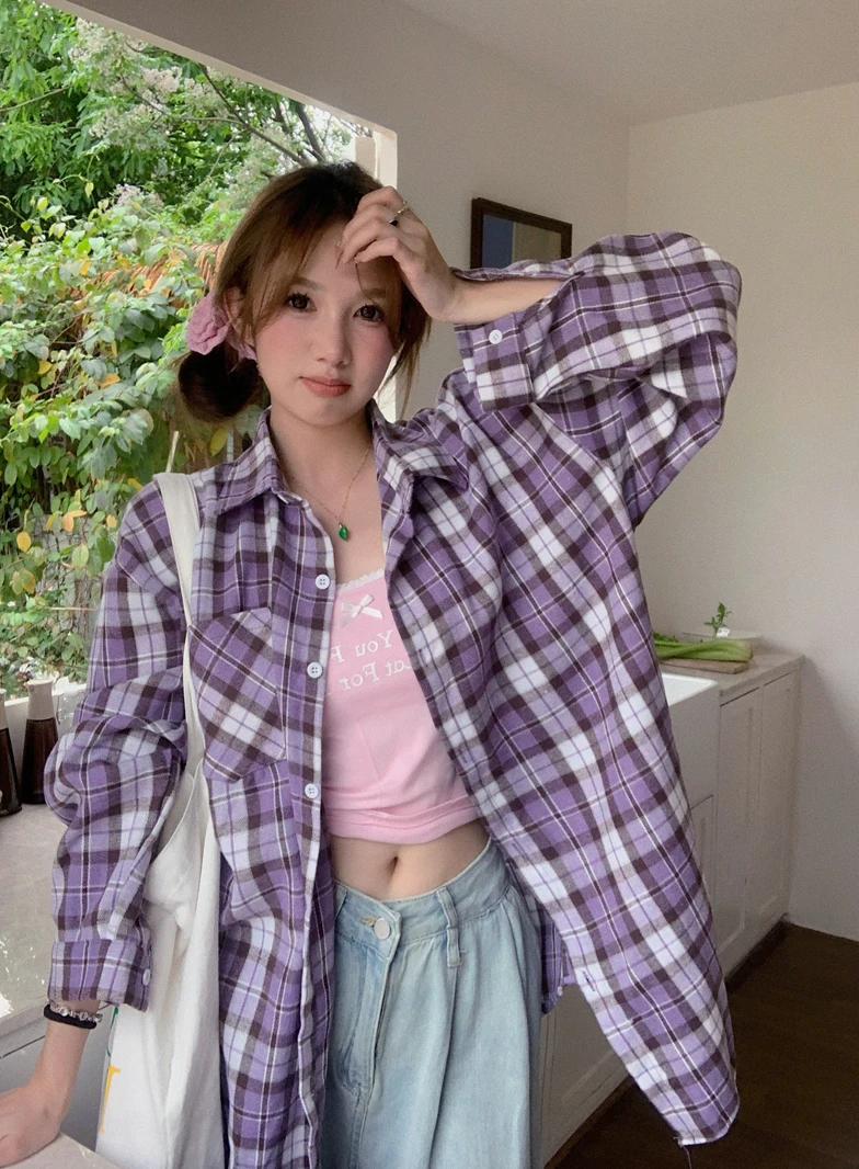 Korean version loose casual purple plaid long sleeved shirt for women 2024 spring/summer retro lazy style shirt jacket