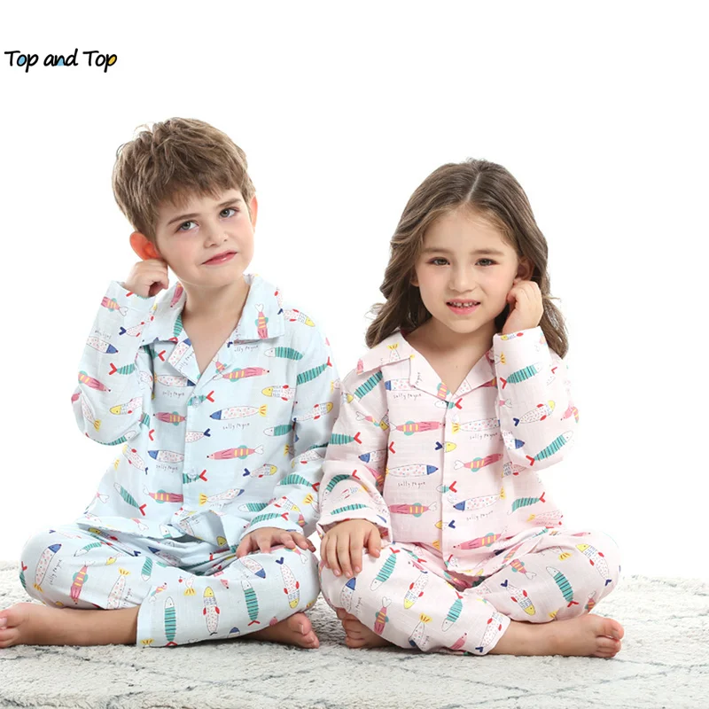 

top and top New 2023 Baby Kids Boys Girls Pajamas Long Sleeve Lapel Shirt Tops with Pants 2PCS Toddler Sleepwear Homewear Suit