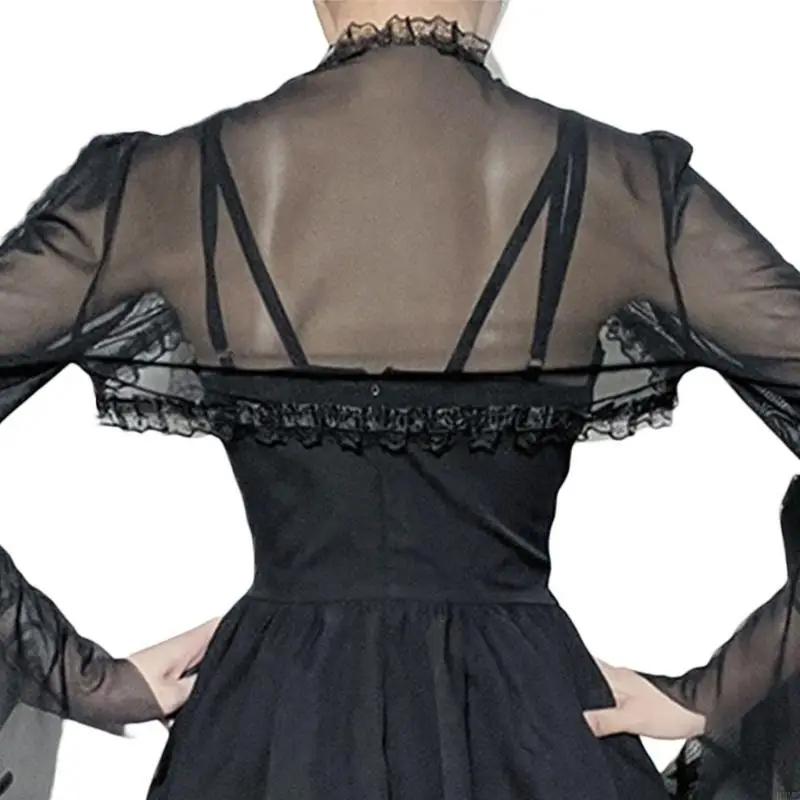 R3MC – haut court évasé à manches longues pour femmes, gothique, Punk, Vintage, esthétique, garniture en dentelle, transparent,